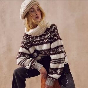 FREE PEOPLE Check Me Out Brown and Cream Turtleneck Cropped Sweater NWT M